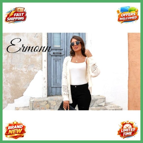 Crochet Cardigan Sweater Oversized Boho Open Front Kimono Lightweight Knit - Picture 4 of 7